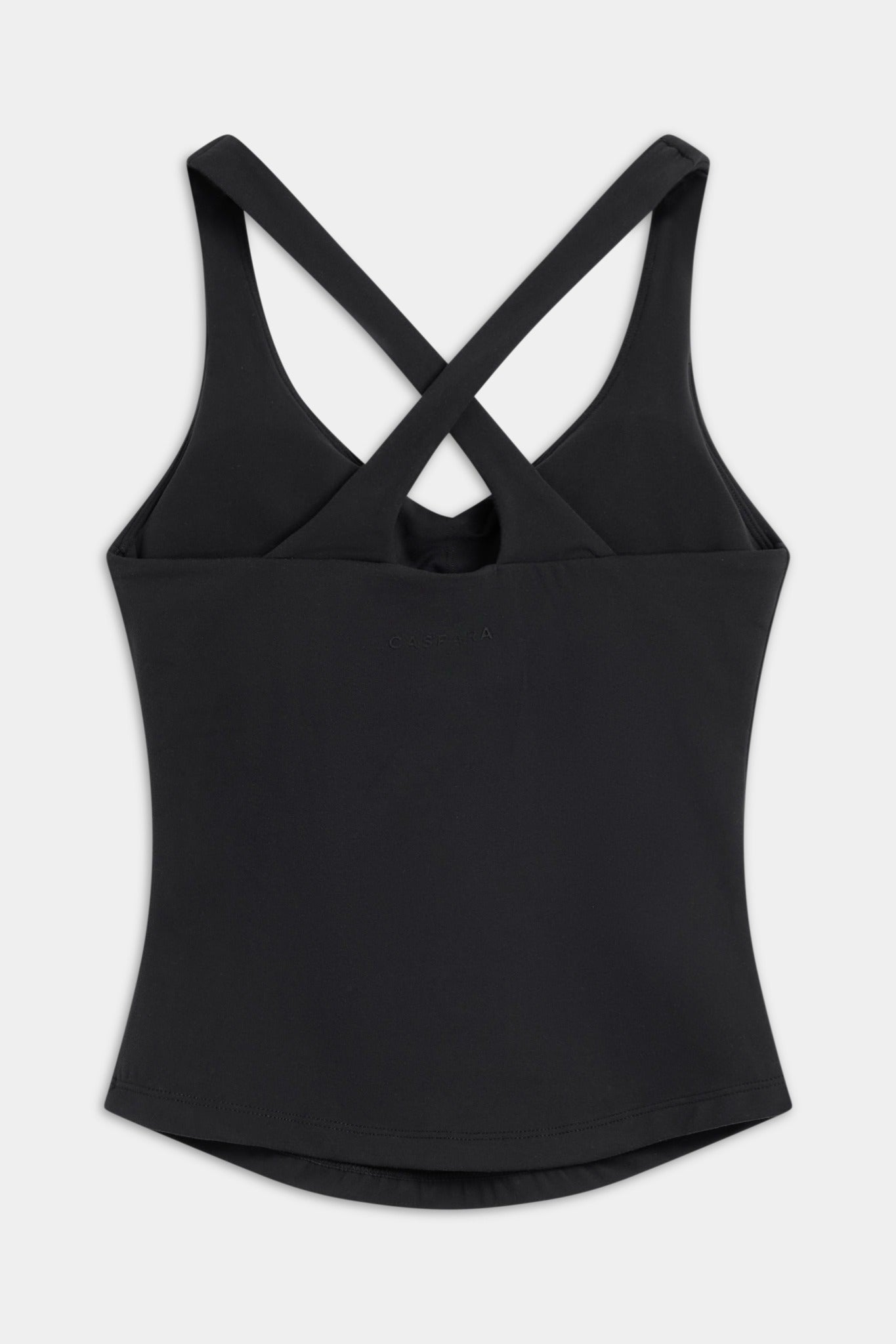 Back view of the black CASPARA Cloudform scrunch top with crossback straps.